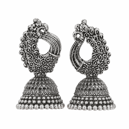 Oxidised Silver Peacock Feather Jhumka Earrings for Women | Traditional Ethnic Statement Earrings