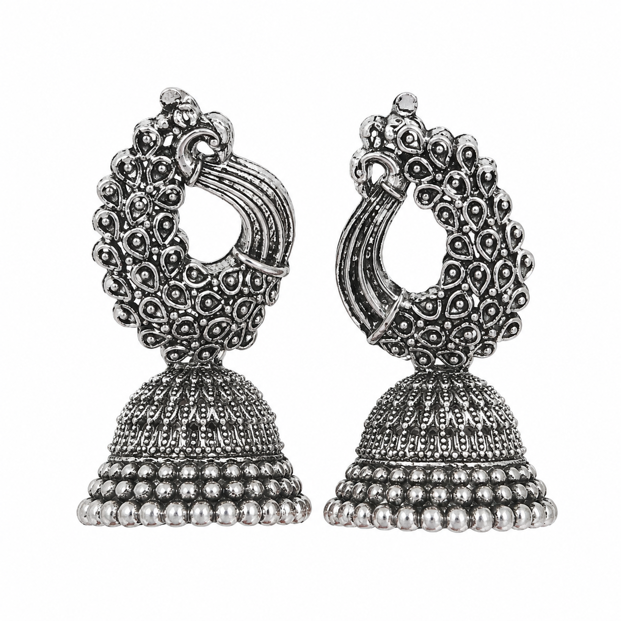 Oxidised Silver Peacock Feather Jhumka Earrings for Women | Traditional Ethnic Statement Earrings