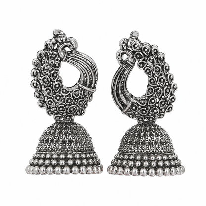 Oxidised Silver Peacock Feather Jhumka Earrings for Women | Traditional Ethnic Statement Earrings