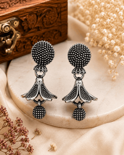 Oxidised Silver Floral Drop Earrings for Women | Textured Ethnic Statement Earrings