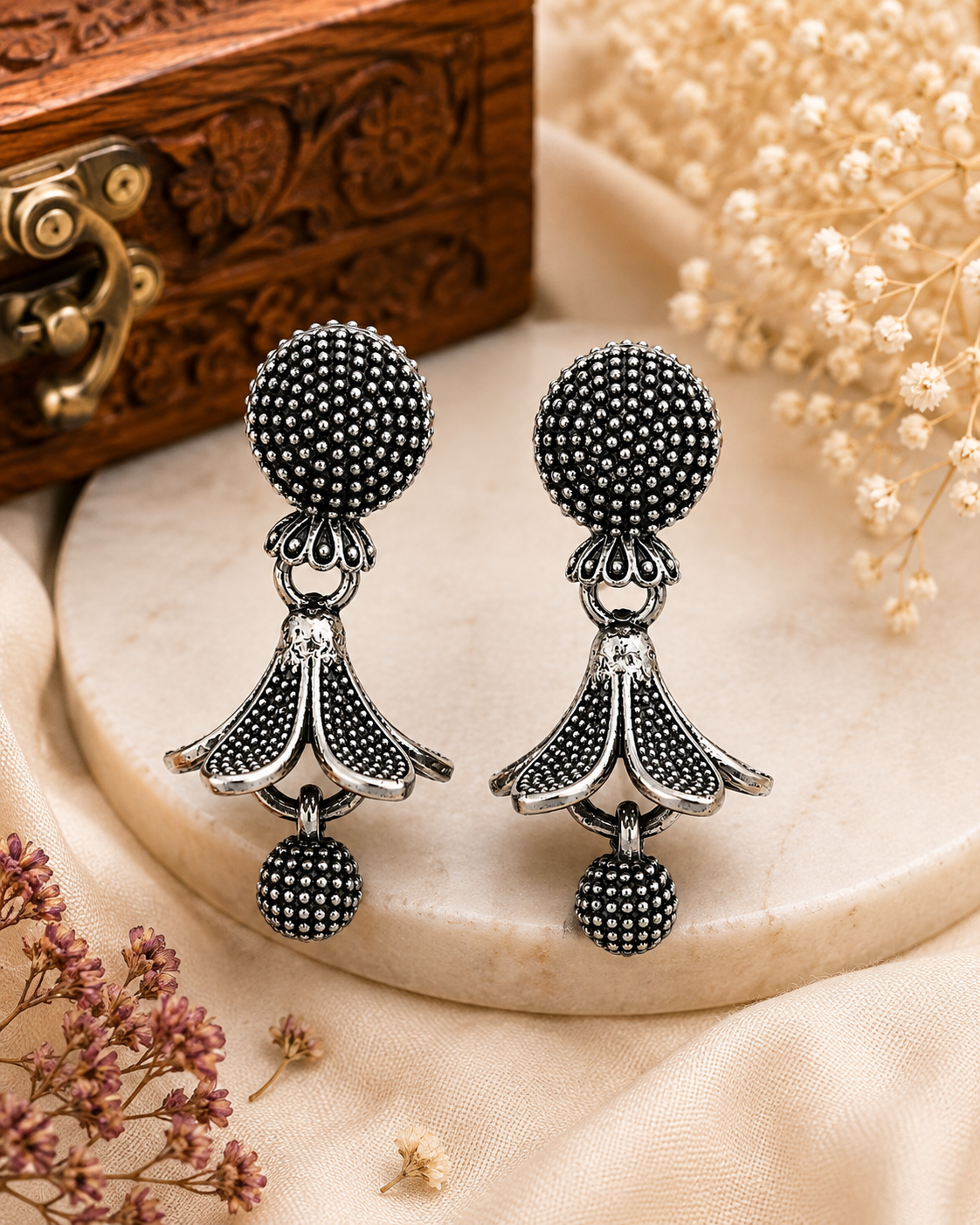 Oxidised Silver Floral Drop Earrings for Women | Textured Ethnic Statement Earrings