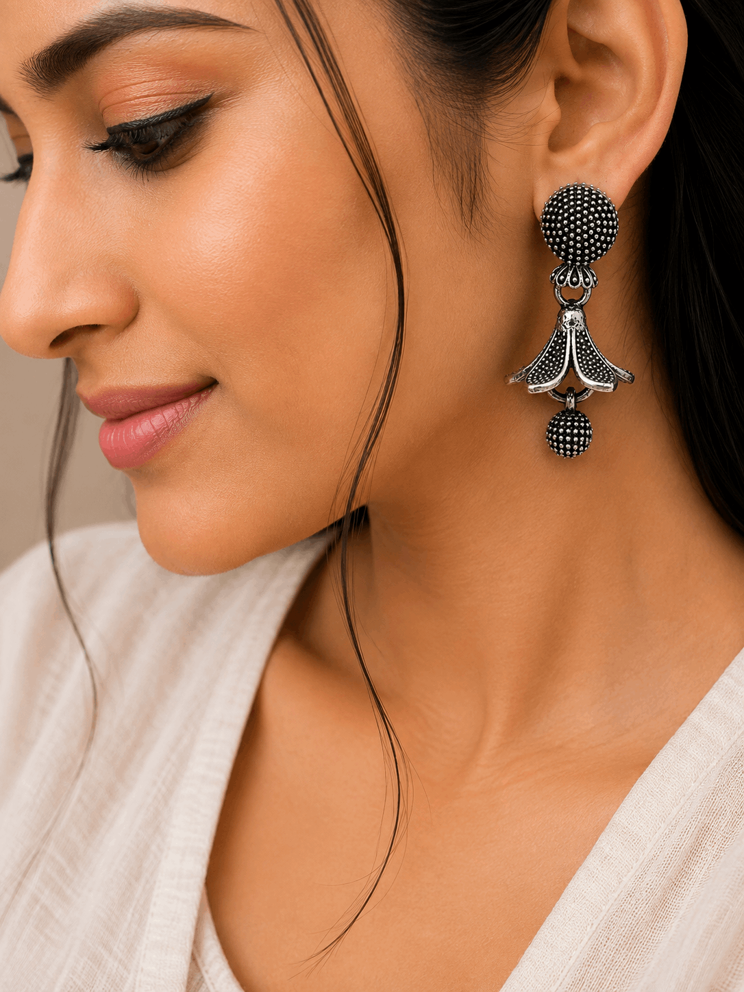 Oxidised Silver Floral Drop Earrings for Women | Textured Ethnic Statement Earrings