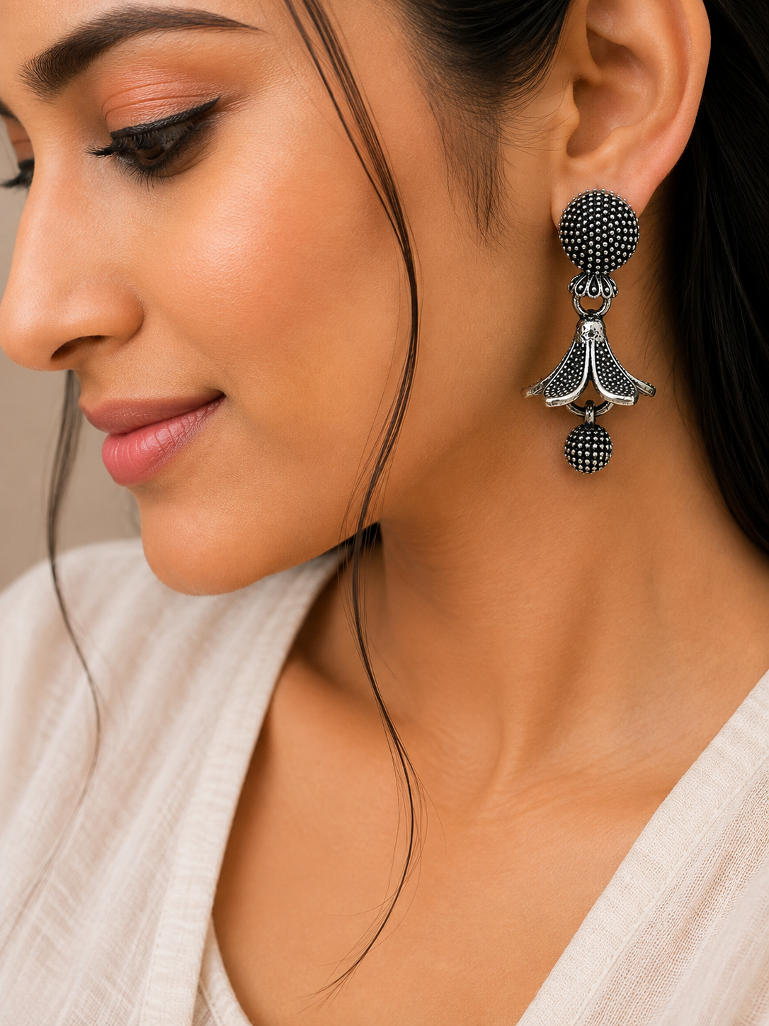 Oxidised Silver Floral Drop Earrings for Women | Textured Ethnic Statement Earrings