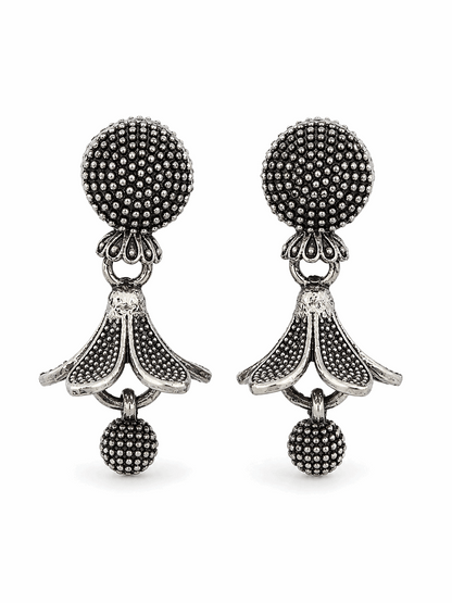 Oxidised Silver Floral Drop Earrings for Women | Textured Ethnic Statement Earrings