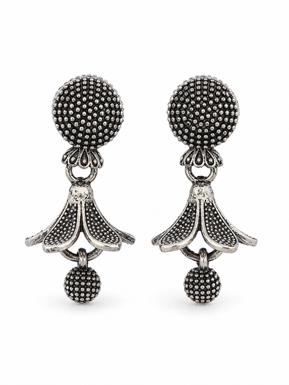 Oxidised Silver Floral Drop Earrings for Women | Textured Ethnic Statement Earrings