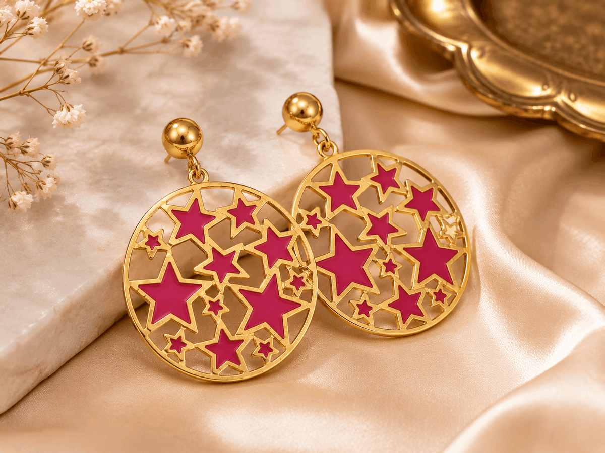 Gold Tone Pink Star Round Drop Earrings for Women | Modern Statement Earrings