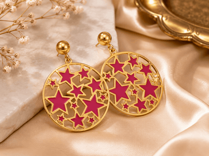 Gold Tone Pink Star Round Drop Earrings for Women | Modern Statement Earrings