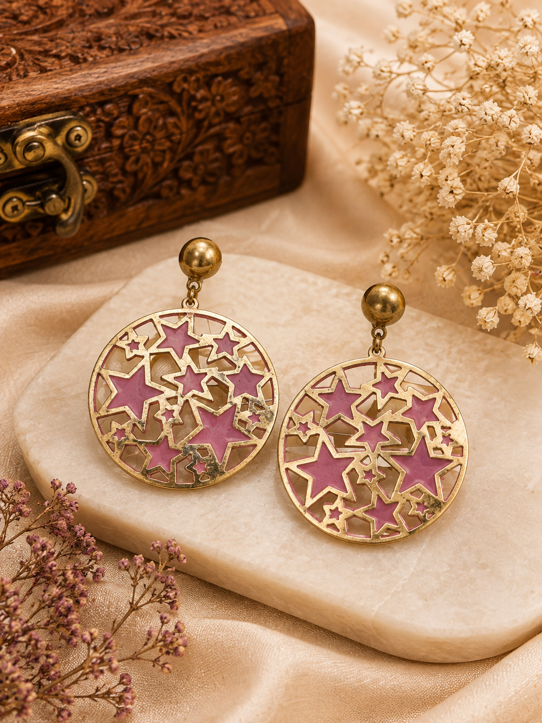 Gold Tone Pink Star Round Drop Earrings for Women | Modern Statement Earrings