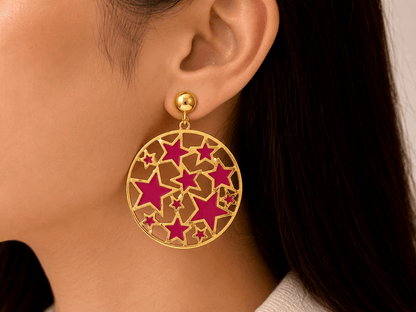 Gold Tone Pink Star Round Drop Earrings for Women | Modern Statement Earrings