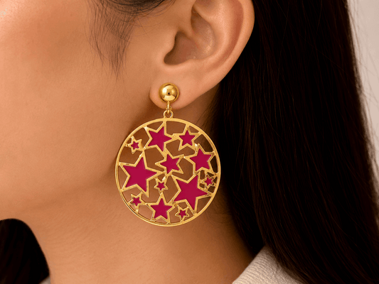 Gold Tone Pink Star Round Drop Earrings for Women | Modern Statement Earrings
