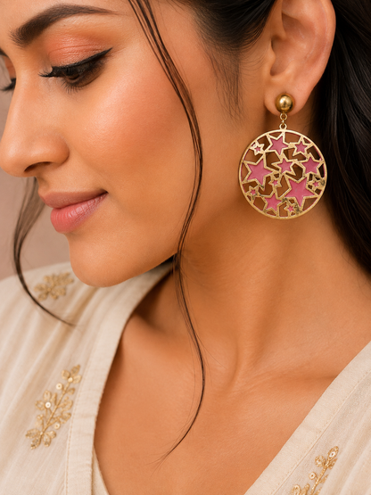 Gold Tone Pink Star Round Drop Earrings for Women | Modern Statement Earrings
