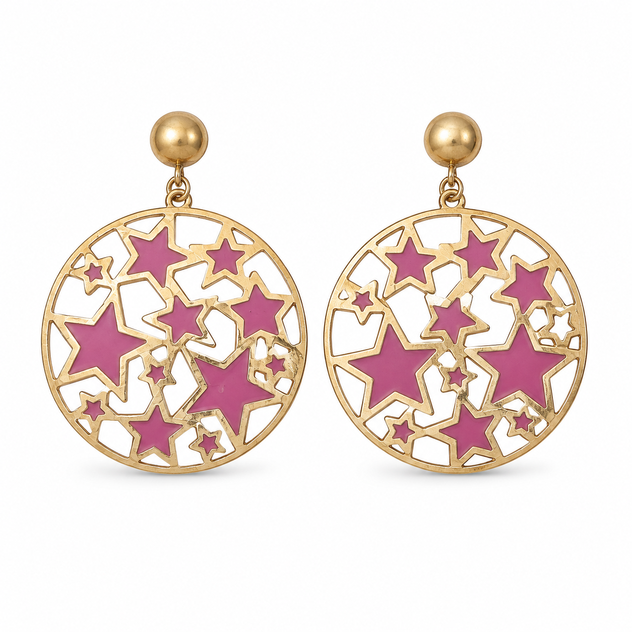 Gold Tone Pink Star Round Drop Earrings for Women | Modern Statement Earrings