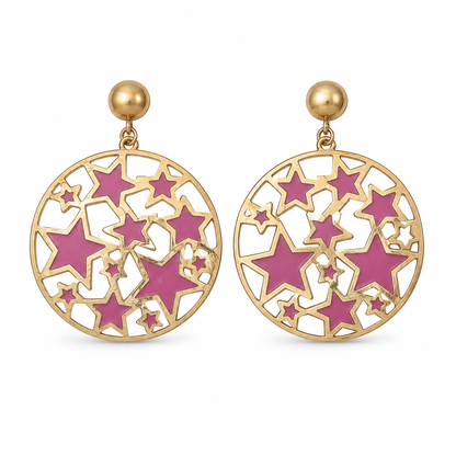 Gold Tone Pink Star Round Drop Earrings for Women | Modern Statement Earrings