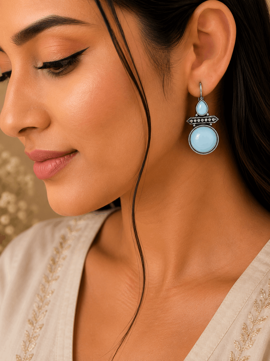 Oxidised Silver Sky Blue Stone Drop Earrings for Women | Ethnic Statement Earrings