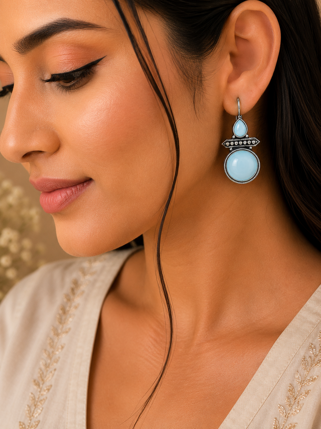 Oxidised Silver Sky Blue Stone Drop Earrings for Women | Ethnic Statement Earrings