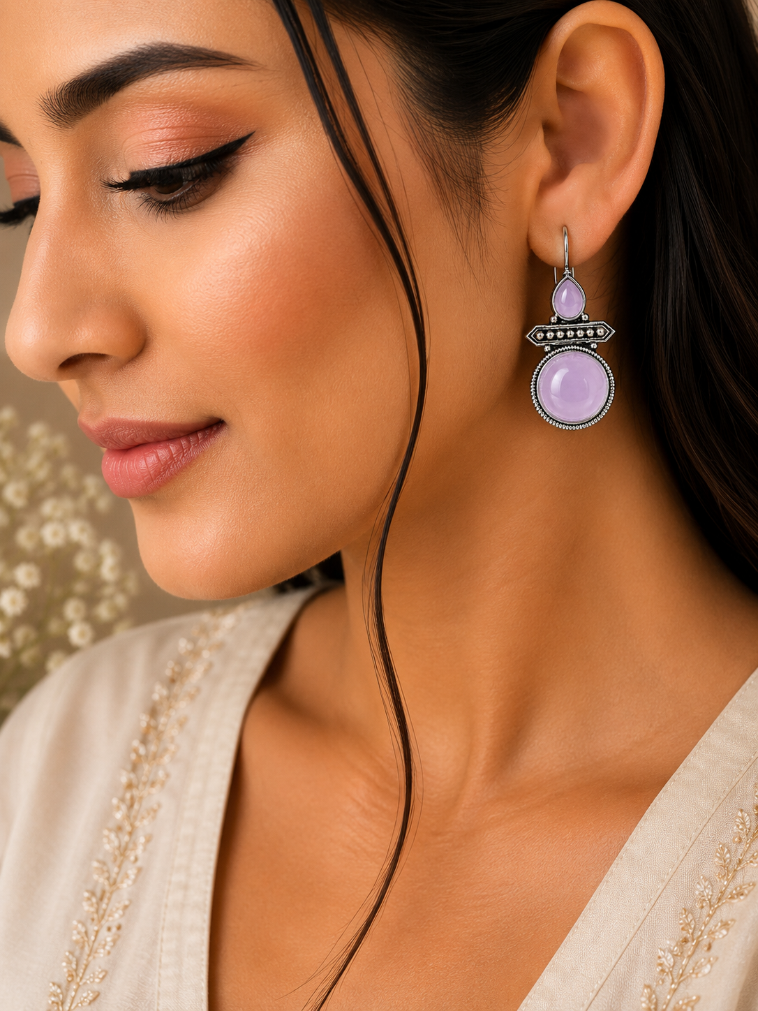 Oxidised Silver Light Purple Stone Drop Earrings for Women | Elegant Ethnic Statement Earrings