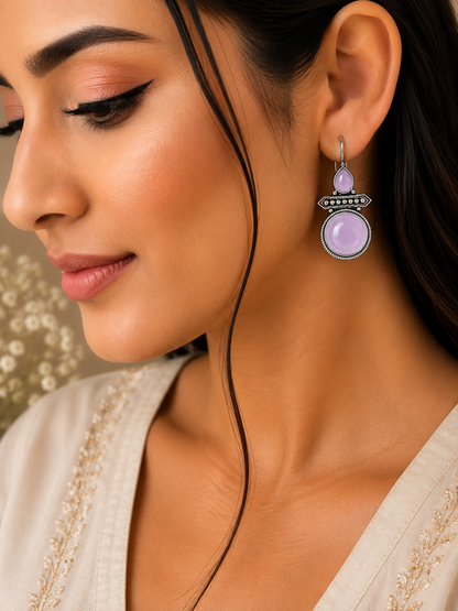 Oxidised Silver Light Purple Stone Drop Earrings for Women | Elegant Ethnic Statement Earrings