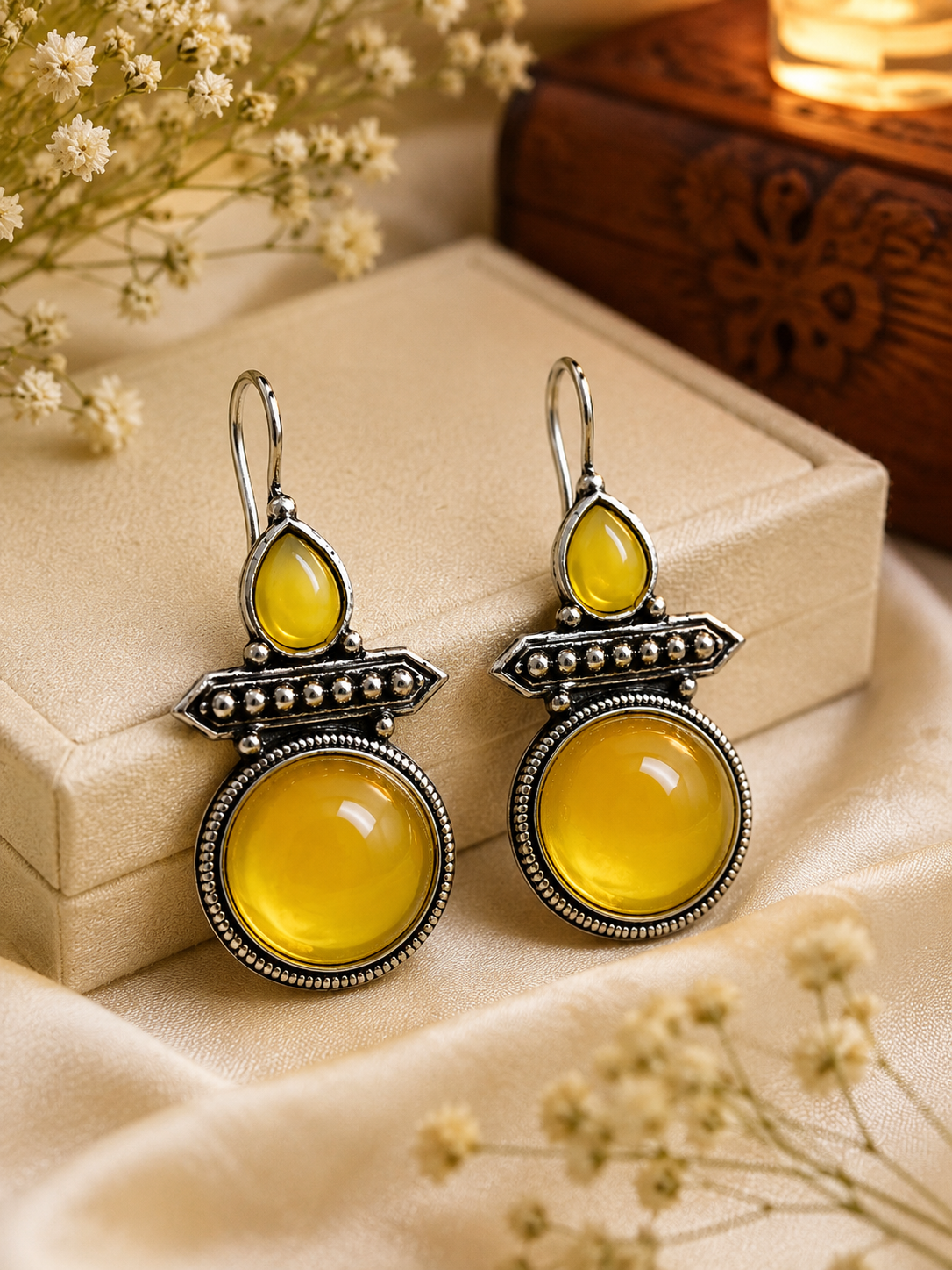 Oxidised Silver Yellow Stone Drop Earrings for Women | Ethnic Statement Earrings