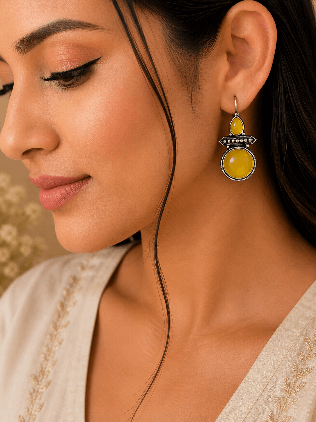 Oxidised Silver Yellow Stone Drop Earrings for Women | Ethnic Statement Earrings