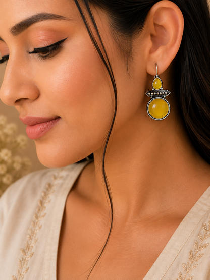 Oxidised Silver Yellow Stone Drop Earrings for Women | Ethnic Statement Earrings