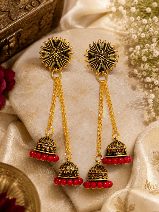 Antique Gold Double Jhumka Chain Earrings with Red Beads for Women