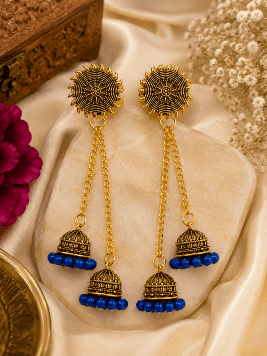 Antique Gold Double Jhumka Chain Earrings with Navy Blue Beads for Women