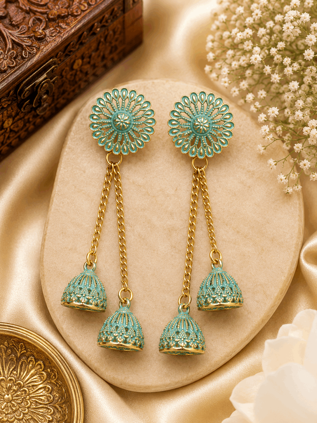 Mint Green Floral Double Jhumka Chain Earrings for Women | Gold Tone Ethnic Statement Earrings