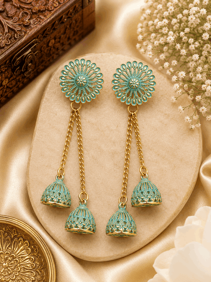 Mint Green Floral Double Jhumka Chain Earrings for Women | Gold Tone Ethnic Statement Earrings