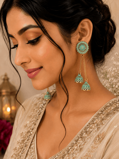 Mint Green Floral Double Jhumka Chain Earrings for Women | Gold Tone Ethnic Statement Earrings