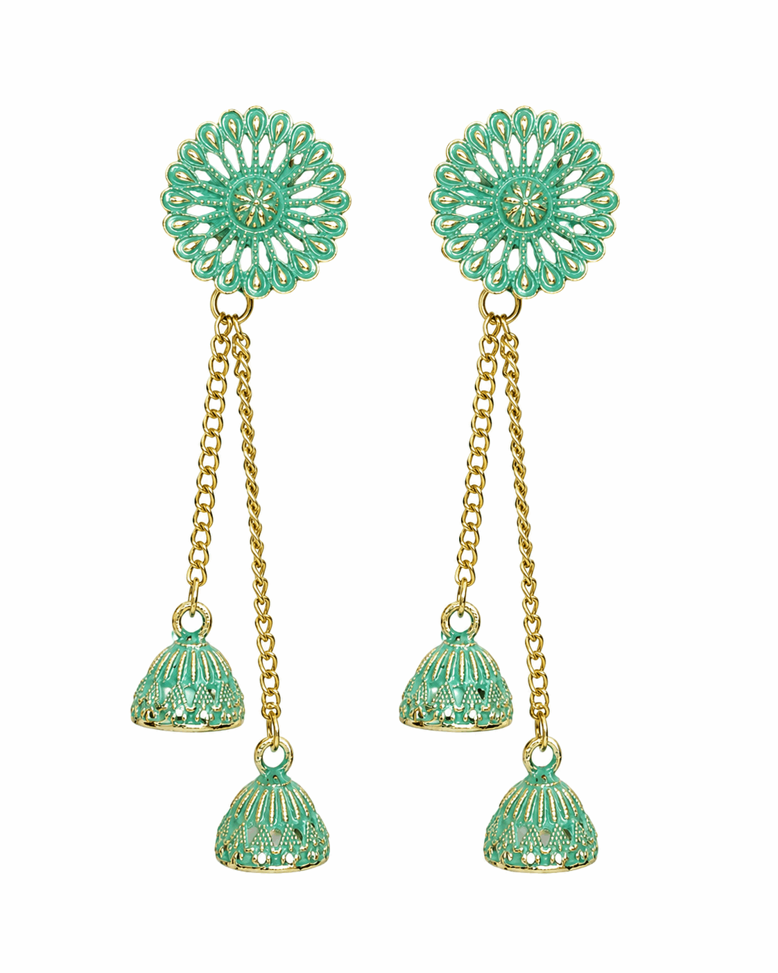 Mint Green Floral Double Jhumka Chain Earrings for Women | Gold Tone Ethnic Statement Earrings