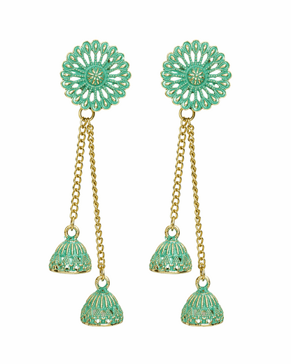 Mint Green Floral Double Jhumka Chain Earrings for Women | Gold Tone Ethnic Statement Earrings