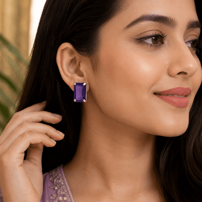 Deep Violet Rectangular Stone Stud Earrings for Women | Silver Tone Elegant Statement Earrings