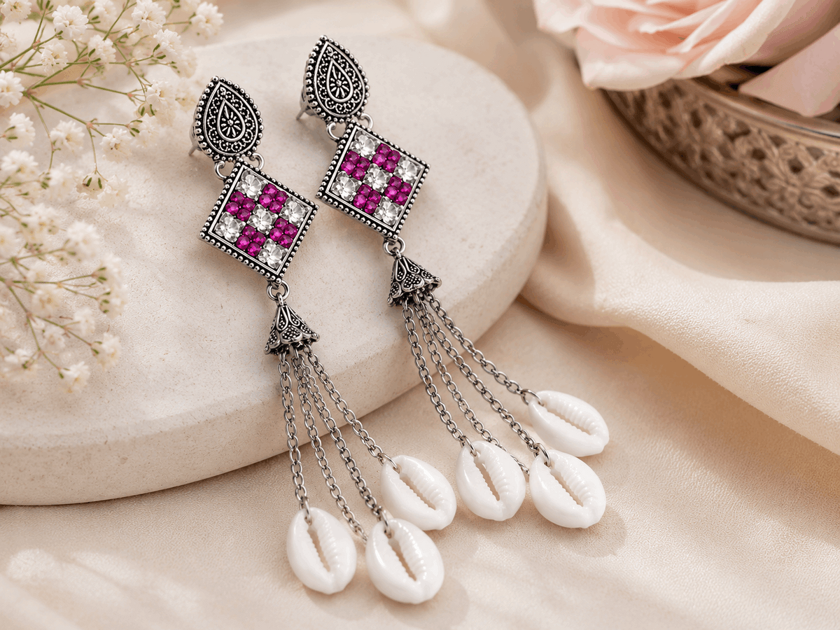Oxidised Silver Rani Pink Stone Cowrie Shell Long Drop Earrings for Women