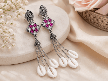 Oxidised Silver Rani Pink Stone Cowrie Shell Long Drop Earrings for Women