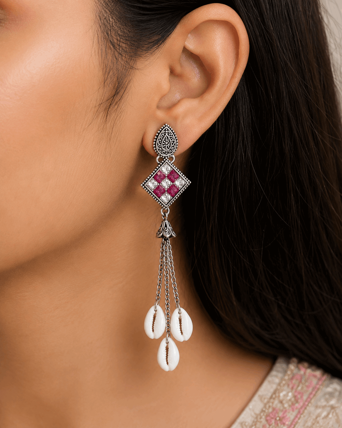 Oxidised Silver Rani Pink Stone Cowrie Shell Long Drop Earrings for Women