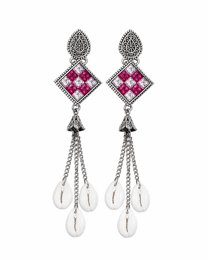 Oxidised Silver Rani Pink Stone Cowrie Shell Long Drop Earrings for Women