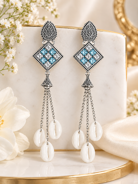 Oxidised Silver Sky Blue Stone Cowrie Shell Long Drop Earrings for Women