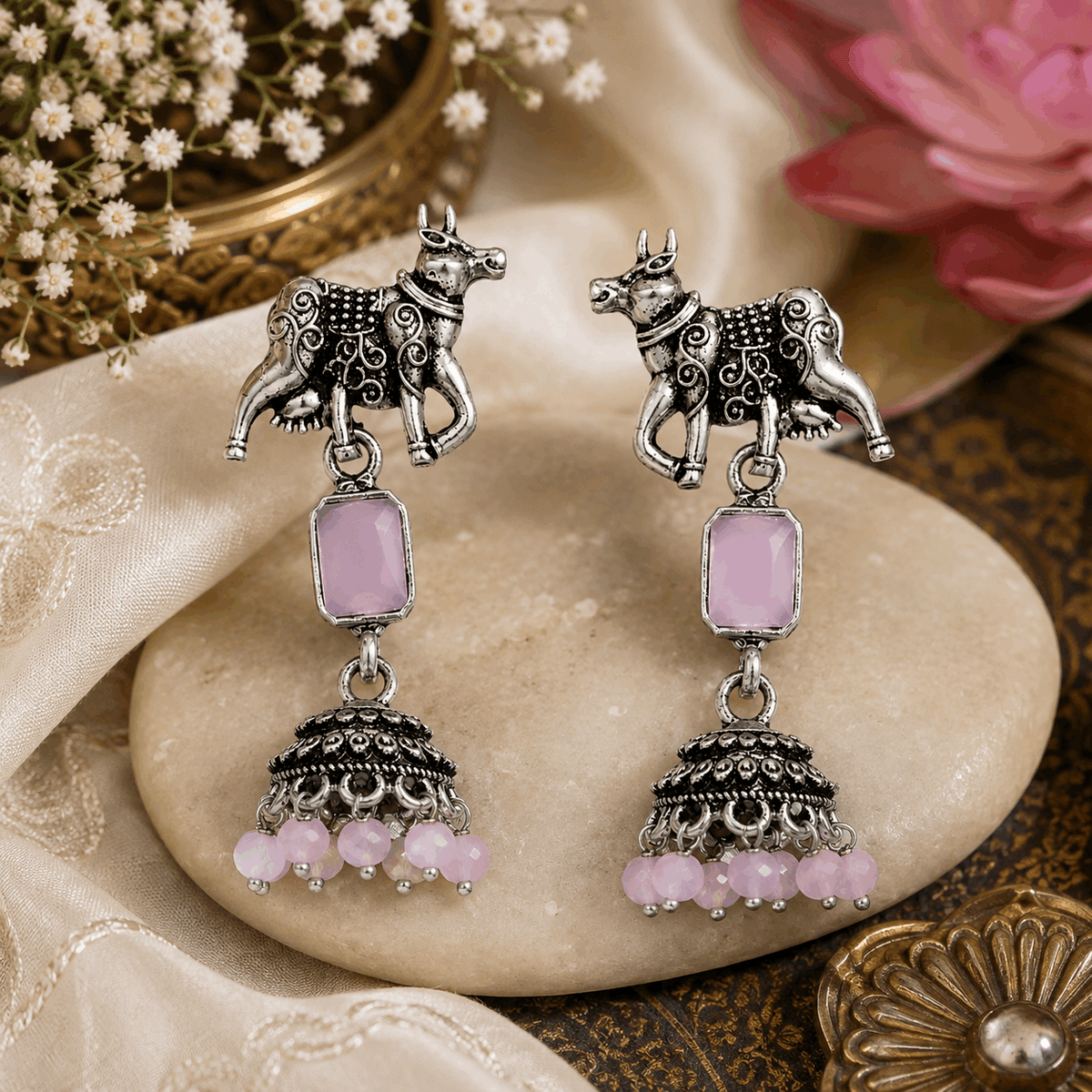 Oxidised Silver Cow Motif Pink Stone Jhumka Earrings for Women