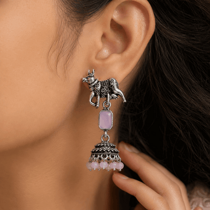 Oxidised Silver Cow Motif Pink Stone Jhumka Earrings for Women