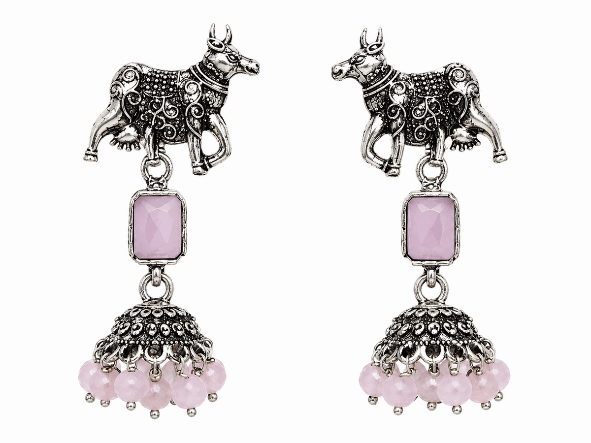 Oxidised Silver Cow Motif Pink Stone Jhumka Earrings for Women