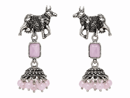 Oxidised Silver Cow Motif Pink Stone Jhumka Earrings for Women