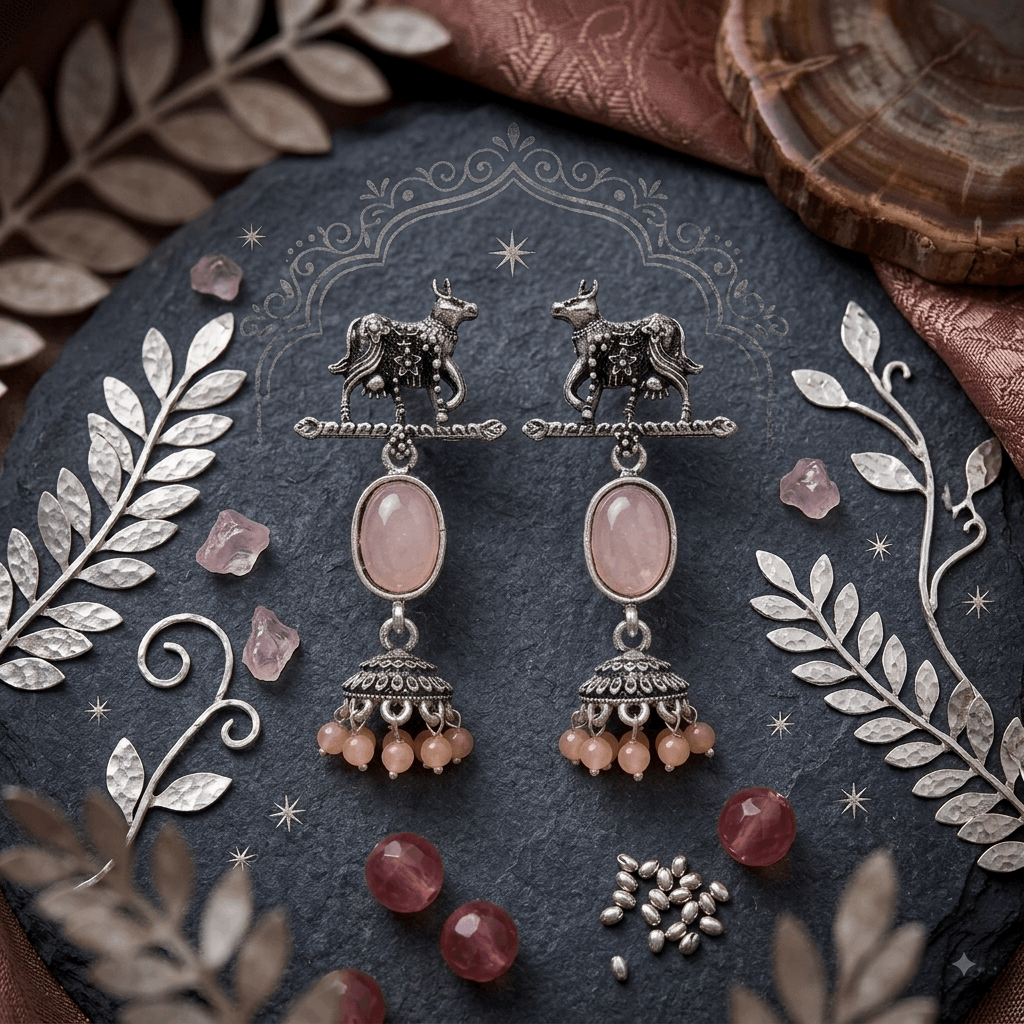 Oxidised Silver Cow Motif Pink Oval Stone Jhumka Earrings for Women