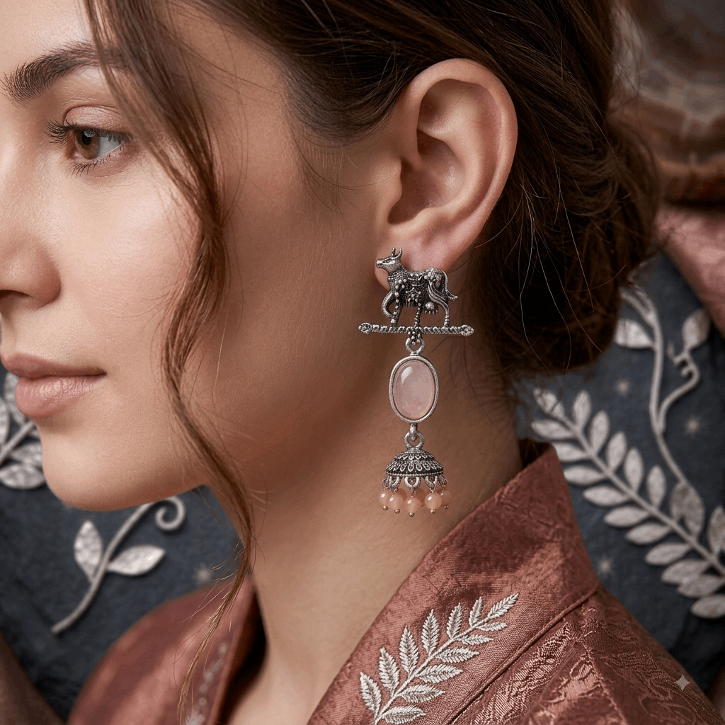 Oxidised Silver Cow Motif Pink Oval Stone Jhumka Earrings for Women