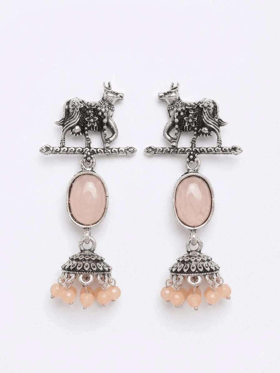 Oxidised Silver Cow Motif Pink Oval Stone Jhumka Earrings for Women