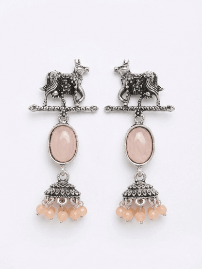 Oxidised Silver Cow Motif Pink Oval Stone Jhumka Earrings for Women