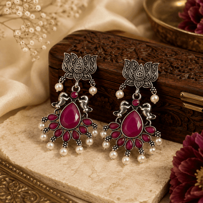 Oxidised Silver Lotus Elephant Pink Stone Pearl Drop Statement Earrings for Women