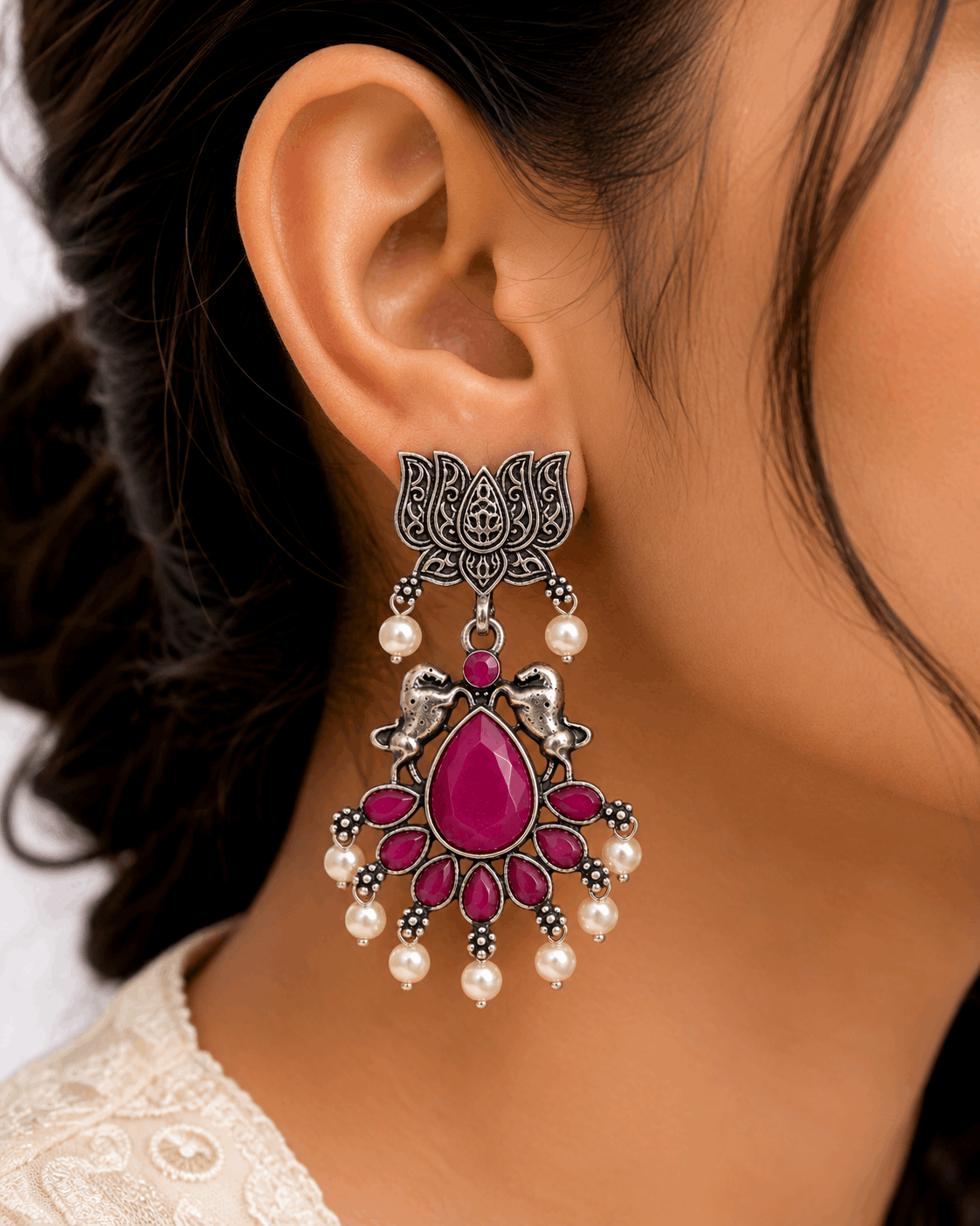 Oxidised Silver Lotus Elephant Pink Stone Pearl Drop Statement Earrings for Women