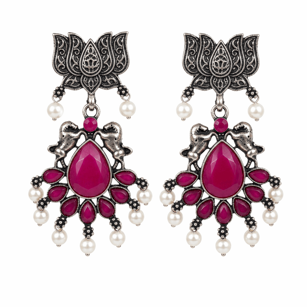 Oxidised Silver Lotus Elephant Pink Stone Pearl Drop Statement Earrings for Women