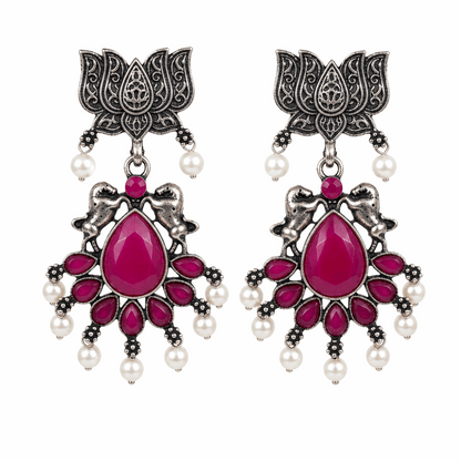 Oxidised Silver Lotus Elephant Pink Stone Pearl Drop Statement Earrings for Women