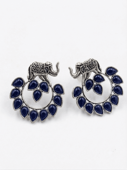 Oxidised Silver Elephant Navy Blue Stone Hoop Earrings for Women